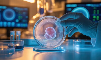 Scientist examines a petri dish with a cell culture, monitoring progress on a computer