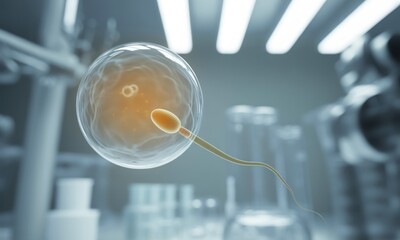 Scientific render of sperm cell approaching a translucent egg cell, lab background