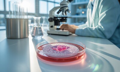 Scientist examining petri dish under a microscope in lab with glassware