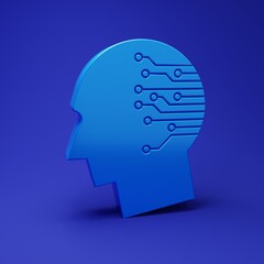 Blue Human brain as digital circuit board icon isolated on blue background. Artificial Intelligence. Human head outline with circuit lines inside. Minimalism concept. 3D render illustration