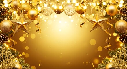 Golden christmas ornaments and decorations for festive background