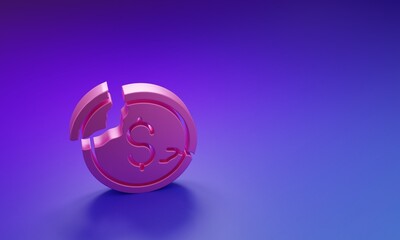 Pink Dollar rate decrease icon isolated on purple-blue background. Cost reduction. Money symbol with down arrow. Business lost crisis decrease. Minimalism concept. 3D render illustration