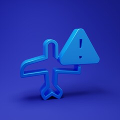 Obraz premium Blue Warning aircraft icon isolated on blue background. Faulty plane. Flying prohibition zone. Plane is forbidden for transportation and travelling. Minimalism concept. 3D render illustration