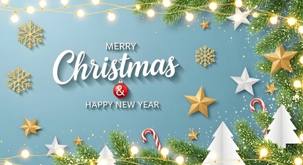 Merry christmas and happy new year greeting card with decorations