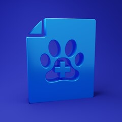 Blue Medical certificate for travel with dog or cat icon isolated on blue background. Document for pet. Dog or cat paw print. Minimalism concept. 3D render illustration