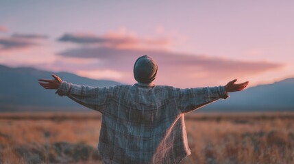 A young male in a plaid shirt and beanie stands with arms outstretched, embracing the serene sunset over the mountains.