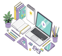 Isometric view of a work and study space with a laptop, books, notebooks, stationery, and a plant, creating a productive and organized environment isolated on white background