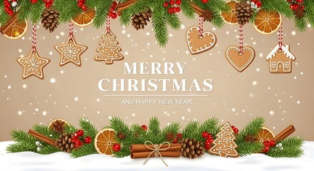 Merry christmas gingerbread cookies and decorations on beige background