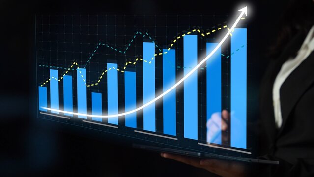 This image showcases a business growth visualization featuring blue bar graphs and a line chart against a dark background, perfect for financial analysis and market insights. Copula