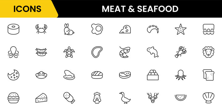 Meat, poultry, fish, and eggs - minimal thin line web icon set. Outline icons collection. Simple vector illustration.
