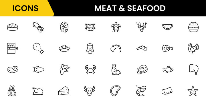 Meat, poultry, fish, and eggs - minimal thin line web icon set. Outline icons collection. Simple vector illustration.