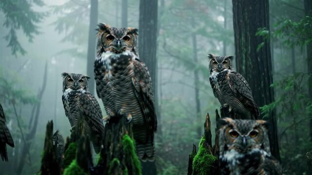 A parliament of great horned owls perched on mossy stumps in a misty evergreen forest.