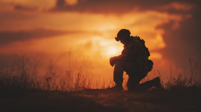 A male soldier in silhouette kneels in gratitude against a stunning sunset backdrop, evoking feelings of honor and reflection.