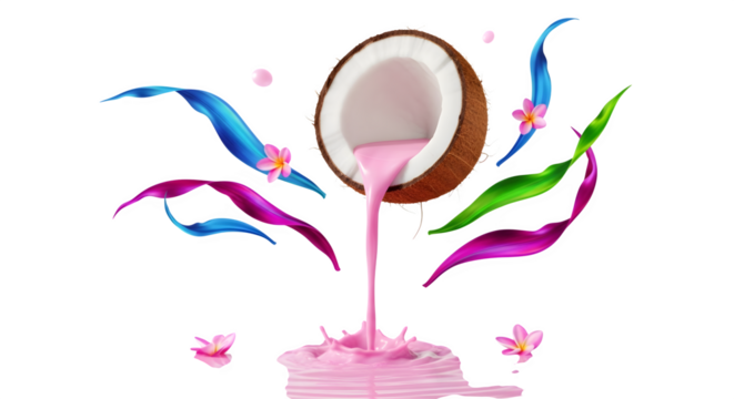 Pink Coconut Milk Pour 3d rendered, isolated on transparent background - Powered by Adobe