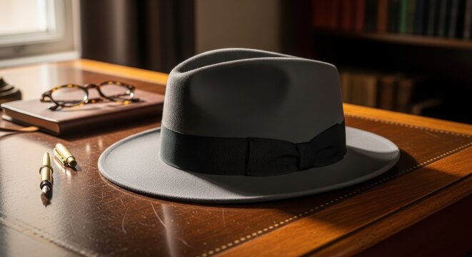 A gray fedora hat sits on a wooden desk next to a notebook, glasses, and pen, evoking a sense of mystery and sophistication