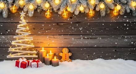 Christmas scene with tree, candles, gingerbread man, and string lights