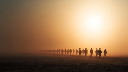 Silhouetted soldiers march in formation against a golden, misty sunrise, embodying discipline and determination.