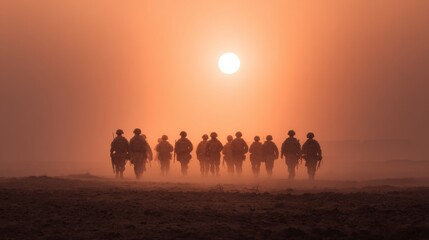 Fototapeta premium Silhouetted soldiers walking towards the sunset, creating a powerful image of resilience and camaraderie.