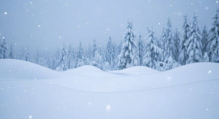 Winter landscape with snow covered trees and gentle snowfall