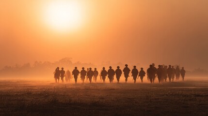 Naklejka premium A group of soldiers marches towards the horizon at sunrise, silhouetted against a vibrant orange sky.