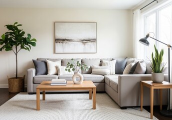 Cozy living room with a gray sectional sofa, wooden coffee table, and a large abstract painting creating a warm atmosphere