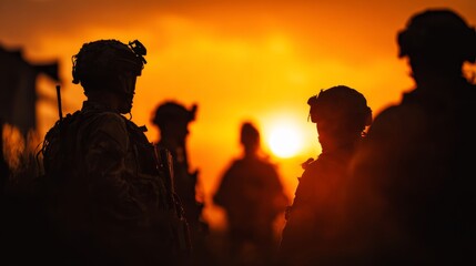 A group of soldiers silhouetted against a vibrant sunset, emphasizing their camaraderie and strength in a dramatic setting.