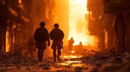 Fototapeta premium Two soldiers walk through a devastated street, silhouetted against a fiery backdrop, creating a dramatic and intense atmosphere.