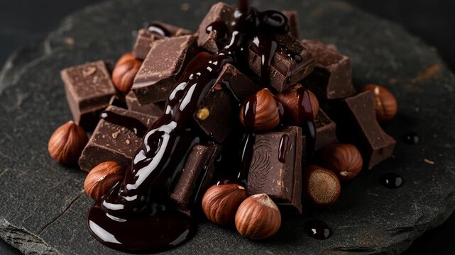 Dark chocolate chunks and whole hazelnuts are doused in melted chocolate sauce