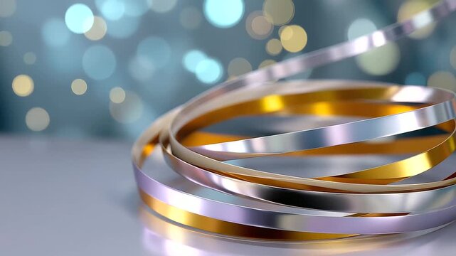 Metallic curves dissolve into soft bokeh light, minimalist holographic palette creating serenity and balance, with copy space.