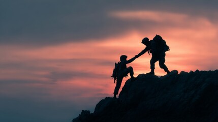 Two male soldiers assist each other while climbing a rocky mountain at sunset, showcasing bravery and teamwork.