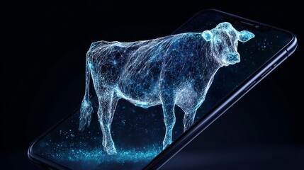 Futuristic holographic cow projection emerges from smartphone screen, showcasing advanced technology and digital innovation.