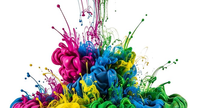 A dynamic explosion of vibrant magenta, cyan, and yellow ink swirling in water on a white background.