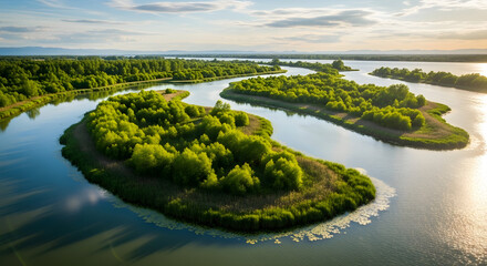 Aerial view of meandering river through lush green landscape at golden hour