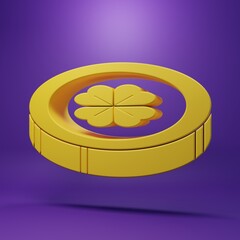 Yellow Gold coin with four leaf clover icon isolated on purple background. Happy Saint Patricks day. Minimalism concept. 3D render illustration