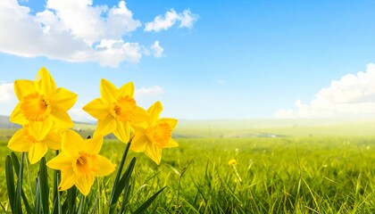 Fototapeta premium Yellow daffodil flowers bloom across a lush green grass field under a soft blue sky, symbolizing springtime renewal and natural beauty in a serene landscape