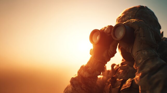 A soldier in camouflage gear observes the horizon using binoculars during golden hour, creating a mood of vigilance and focus.