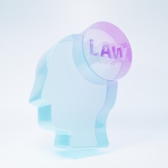 Frosted glass Head with law icon isolated on white background. Minimalism concept. 3D render illustration