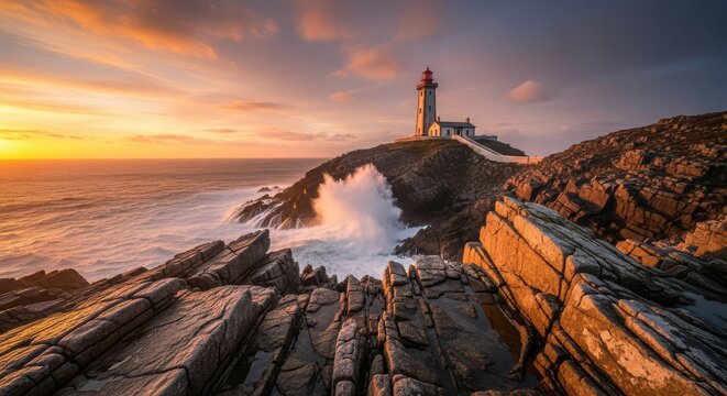 Dramatic coastal scene featuring a lighthouse perched on a rocky cliff, with waves crashing against the rocks during a vibrant sunset