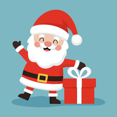 Happy Santa Claus waves with a Christmas gift