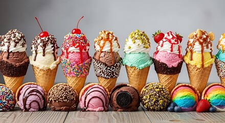 Colorful assortment of ice cream cones and scoops with various toppings.