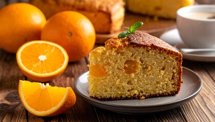 A slice of moist orange cake with fruit pieces, served with a cup of tea on a rustic wooden table