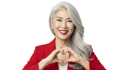 Beautiful mature Asian woman in red blazer making heart sign with hands and smiling, I love you gesture with positive facial expression, elegant lady showing love and kindness on white background.