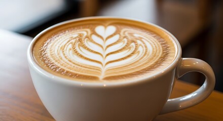 A close-up of a white ceramic cup of coffee with beautiful rosetta latte art on a wooden table.