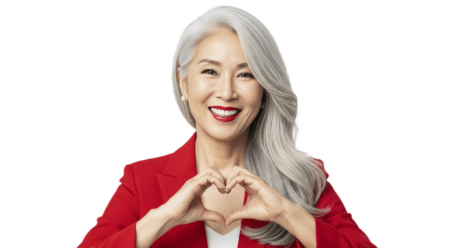 Beautiful mature Asian woman in red blazer making heart sign with hands and smiling, I love you gesture with positive facial expression, elegant lady showing love and kindness on white background.