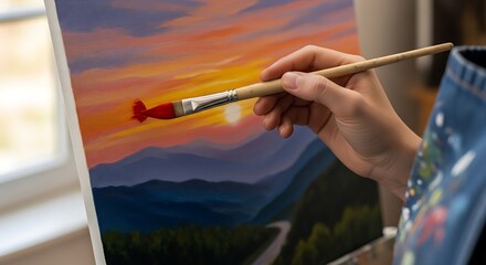 Close-up of a person's hand painting a red airplane on a canvas with a brush.