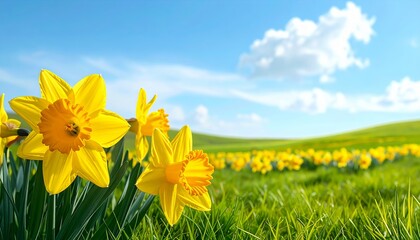 Fototapeta premium Yellow daffodil flowers bloom across a lush green grass field under a soft blue sky, symbolizing springtime renewal and natural beauty in a serene landscape