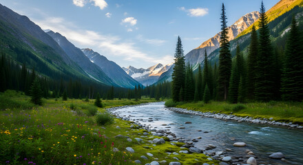 Majestic valley landscape, river flows, surrounded by forests and mountains