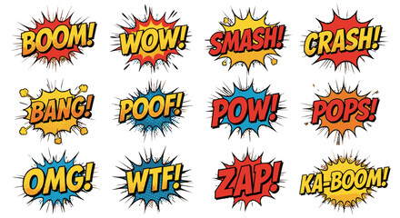 Set of comic speech bubbles with exclamations like boom, pow, zap, crash, and omg in a cartoon.