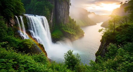 Breathtaking waterfall cascading into a river surrounded by lush greenery and majestic cliffs under a radiant sky.