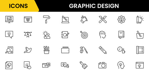 Graphic design web icons set in duotone outline stroke design. Pack pictograms with color palette, content, freelance, print, painting, brainstorm, portfolio, creative idea, tool. Vector illustration.
